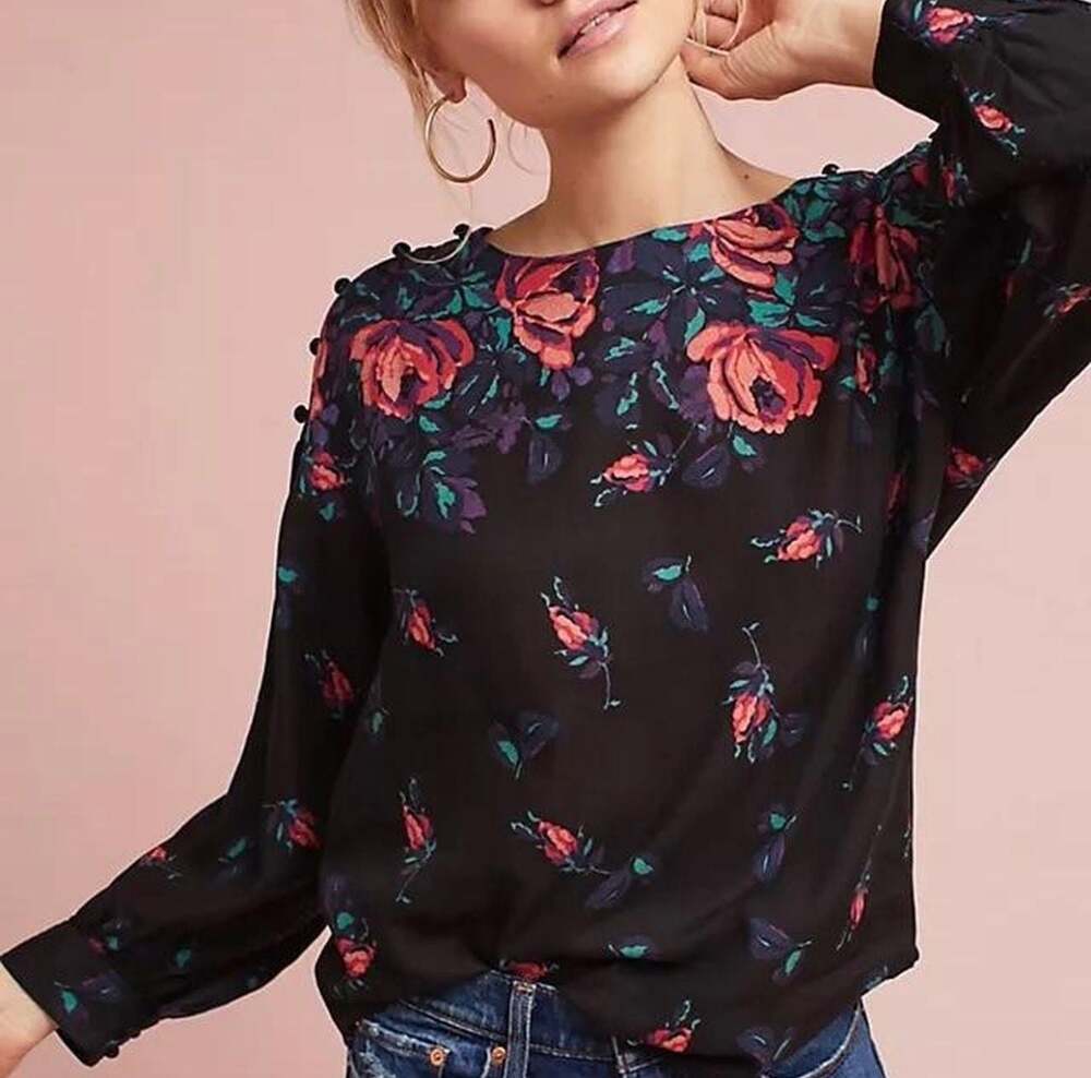 Anthropologie Maeve Gardenia Floral Print Boat Neck Blouse